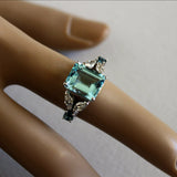 3Ct Emerald Cut Blue Aquamarine Art Deco Engagement Ring 14K White Gold Finish