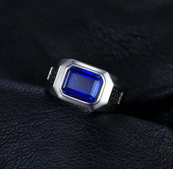 2.5ct Emerald Cut Blue Sapphire Solitaire Engagement Men Ring 14k WhiteGold Over