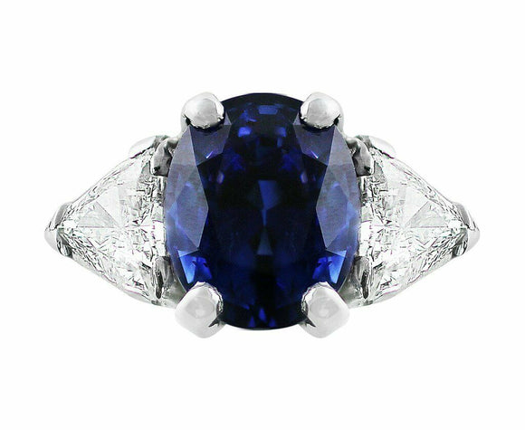 3Ct Oval Cut Blue Sapphire Trillion Accents Three Stone Ring 14k White Gold Over