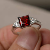 2ct Asscher Cut Red Garnet Trilogy Wedding Engagement Ring 14k White Gold Finish