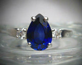 2ct Pear Cut Blue Sapphire Diamond Trilogy Engagement Ring 14k White Gold Finish