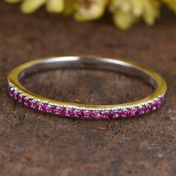 0.75ct Round Cut Pink Ruby Wedding Band Ring Half Eternity 14k White Gold Finish