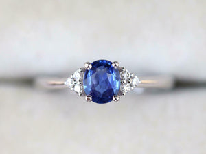 2ct Oval Sapphire Diamond Petite Round Accents Solitaire Ring 14k WhiteGold Over