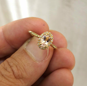 2ct Oval Cut Peach Morganite Engagement Ring 14k Yellow Gold Over Halo Solitaire