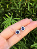 2.2Ct Round Cut Blue Sapphire Diamond Halo Stud Earrings 14K White Gold Finish