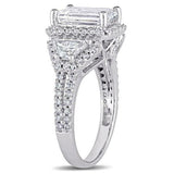 5Ct Emerald Cut Diamond Halo Iced Trilogy Engagement Ring 14K White Gold Finish