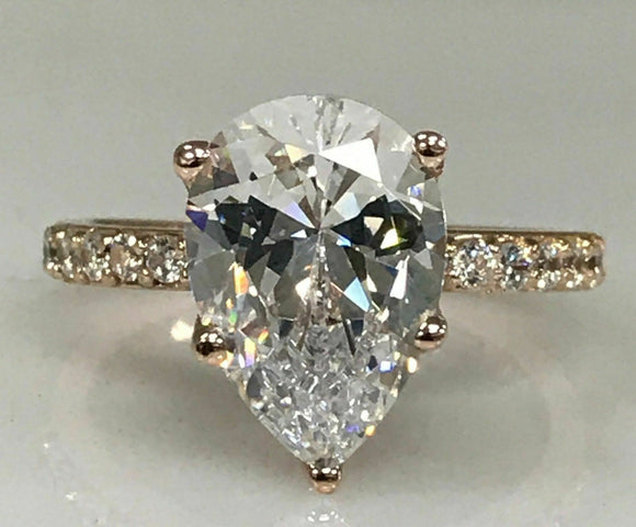 2Ct Pear Cut Diamond Solitaire Engagement Ring 14K White Gold Over Round Accents