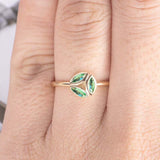 1.2ct Marquise Cut Green Emerald 3 Stone Leaf Design Ring 14k Yellow Gold Finish