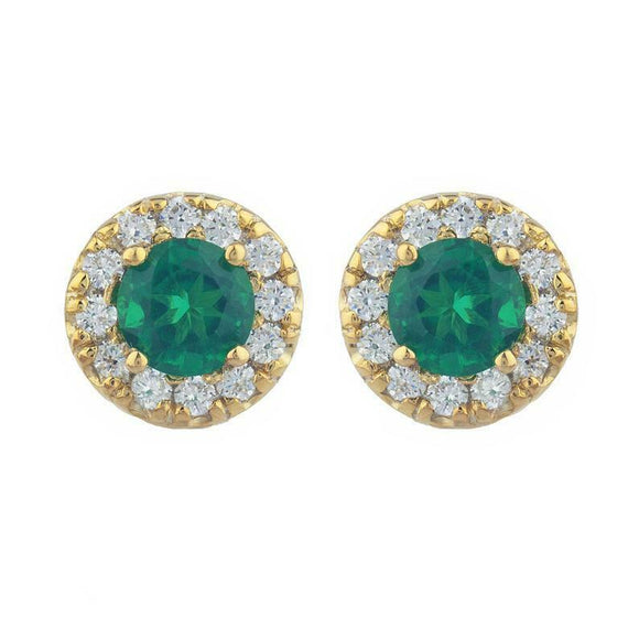 2ct Stud Earrings Round Cut Green Emerald Diamond Halo 14k Yellow Gold Finish