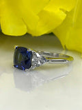 1.5ct Cushion Cut Blue Sapphire Three Stone Engagement Ring 14k WhiteGold Finish