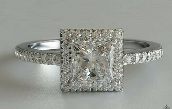 2ct Princess Diamond Engagement Ring Halo Accent Solitaire 14k White Gold Finish