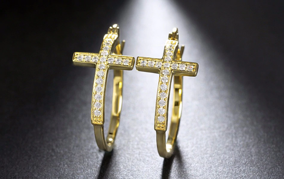 1.9ct Round Cut Diamond Large Cross Hoop Huggies Earrings 14k Yellow Gold Finish