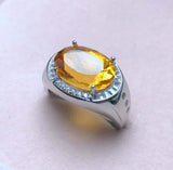 3.5ct Oval Cut Yellow Citrine Halo Signet Engagement Men Ring 14k WhiteGold Over