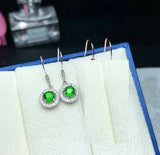 1.6ct Drop Earrings Round Cut Green Emerald Halo Fish Hook 14k White Gold Finish