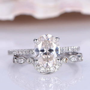 Antique Vintage Bridal Set Engagement Ring 2ct Oval Diamond 14k White Gold Over