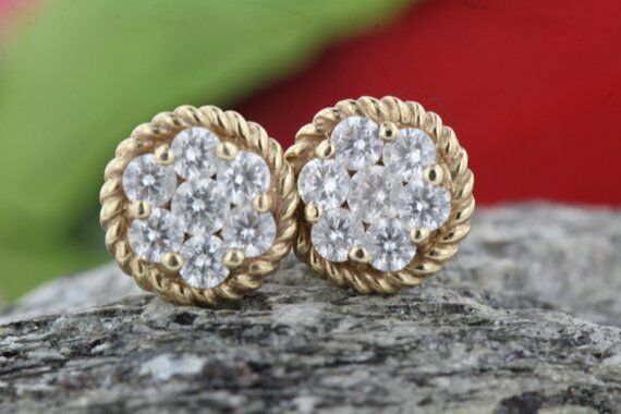 Twisted Rope Flower Stud Earrings 1.7ct Round Cut Diamond 14k Yellow Gold Finish