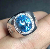 2ct Oval Cut Blue Topaz Signet Halo Men Engagement Ring 14k White Gold Finish