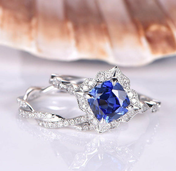 2ct Cushion Cut Blue Tanzanite Vintage Floral Engagement Ring 14k WhiteGold Over