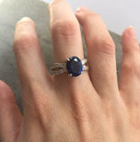 1.6ct Engagement Ring Oval Cut Blue Sapphire Split Shank 14k White Gold Finish