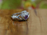 1ct Heart Purple Amethyst Engagement Ring Claddagh Irish 14k White Gold Finish