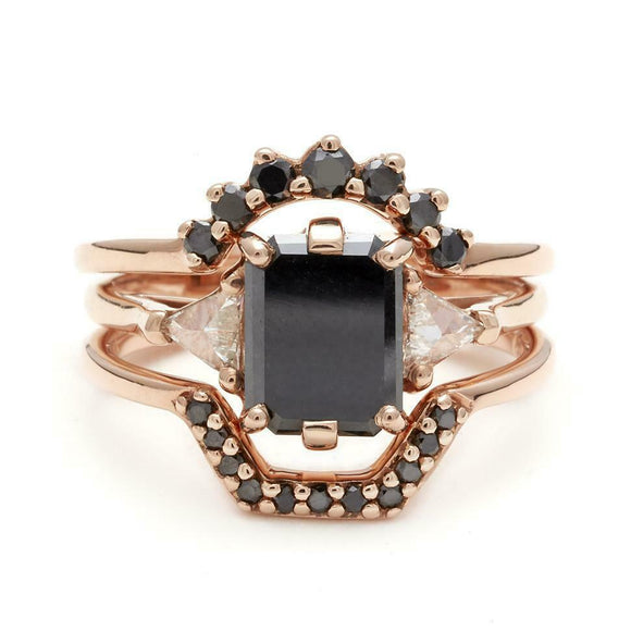 2.7ct Emerald Black Diamond Engagement Ring 14k Rose Gold Finish Curved Trio Set