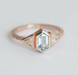 1ct Hexagon Cut Blue Aquamarine Three Stone Engagement Ring 14k Rose Gold Finish