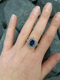 2.4ct Oval Cut Blue Sapphire Vintage Inspired Halo Ring 14k White Gold Finish