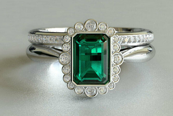 2ct Green Emerald Cut Engagement Ring Halo Bridal Set 14k White Gold Finish