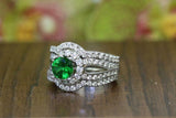 2.5ct Round Cut Green Emerald Diamond Halo Trio Set Ring 14k White Gold Finish