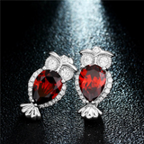 2Ct Pear Cut Red Garnet Lucky Owl Drop Earrings For Women 14K White Gold Finish