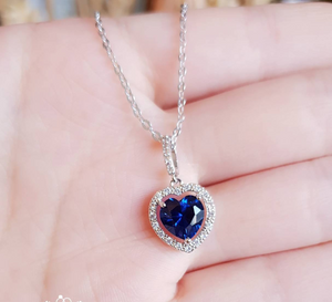 2ct Heart Cut Blue Sapphire Halo Cluster Pendant with Chain 14k WhiteGold Finish