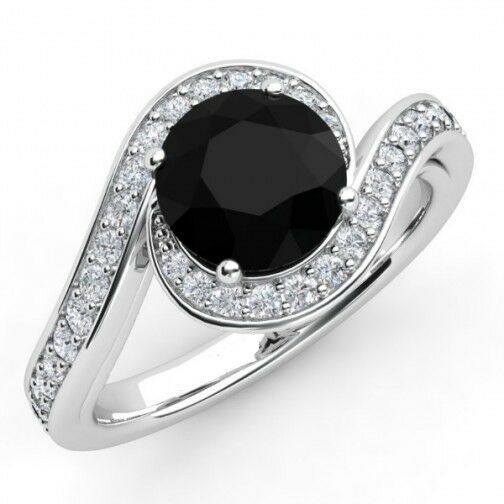 1.5ct Round Cut VVS1D Black Diamond Swirl Engagement Ring 14k White Gold Finish