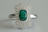 3ct Cushion Green Emerald Engagement Ring Vintage Art Deco 14k White Gold Finish