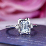 1.3ct Emerald Cut Blue Aquamarine Engagement Ring Trilogy 14k White Gold Finish