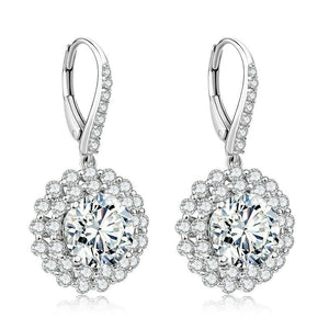 2ct Round Cut VVS1D Diamond Double Halo Drop Earrings 14k White Gold Finish