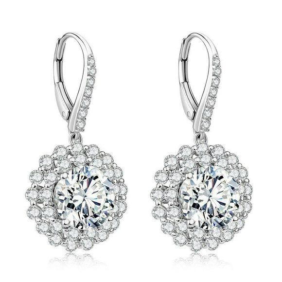 2ct Round Cut VVS1D Diamond Double Halo Drop Earrings 14k White Gold Finish