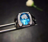 3.5ct Oval Cut Blue Topaz Halo Signet Engagement Men Ring 14k White Gold Finish