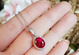 3ct Oval Cut Pink Ruby Pendant with Chain Halo Cluster 14k White Gold Finish