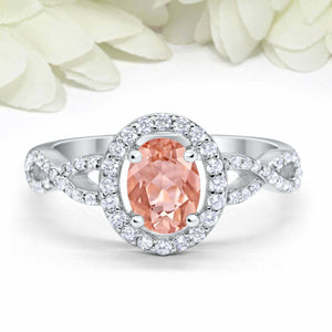 2ct Oval Cut Peach Morganite Engagement Ring Twist Shank Halo 14k WhiteGold Over