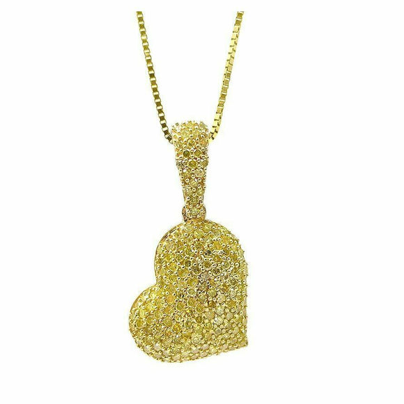 4ct Round Cut Yellow Sapphire Iced Hanging Heart Pendant 14k Yellow Gold Finish