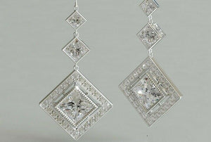 3ct Princess Cut Diamond Milgrain Halo Drop Earrings 14k White Gold Finish