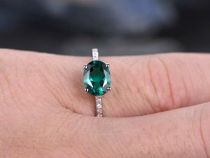 1.3Ct Oval Cut Green Emerald Diamond Accent Engagement Ring 14K White Gold Over