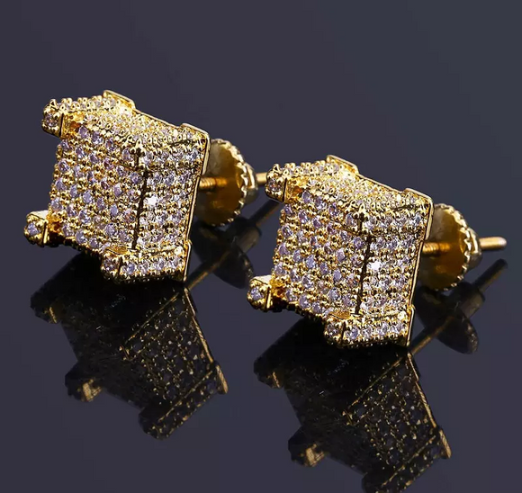 2Ct Round Cut Diamond Iced Hip Hop Square Stud Earrings 14K Yellow Gold Finish