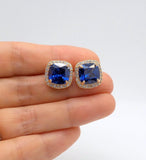 2ct Cushion Cut Blue Sapphire Halo Solitaire Stud Earring 14k Yellow Gold Finish