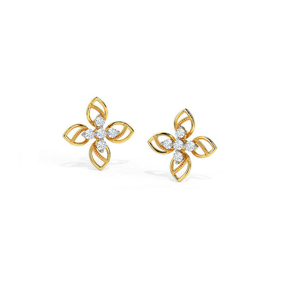 0.6ct Stud Earrings Round Cut Diamond Floral Petite Design 14k YellowGold Finish