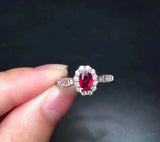 1ct Oval Cut Pink Ruby Engagement Ring Baguette Accent Halo 14k WhiteGold Finish