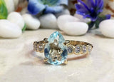 2ct Pear Cut Blue Aquamarine Round Diamond Accent Ring 14k Yellow Gold Finish