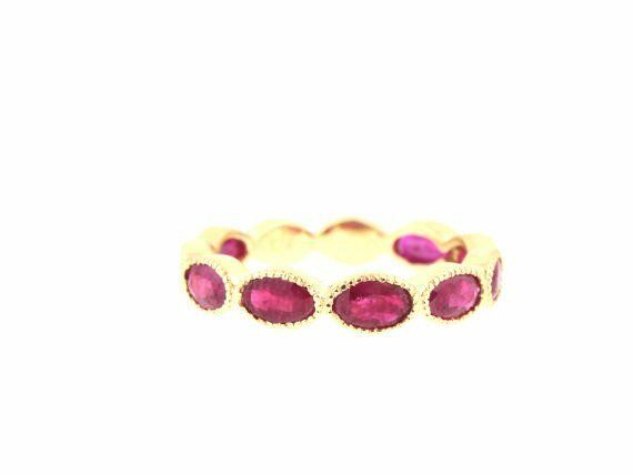 4Ct Oval Pink Ruby Milgrain Half Eternity Wedding Band 14K Yellow Gold Finish