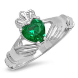 1ct Heart Cut Green Emerald Engagement Ring Claddagh Irish 14k White Gold Finish