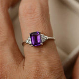 1.5ct Emerald Cut Purple Amethyst Solitaire Round Accent Ring 14k WhiteGold Over